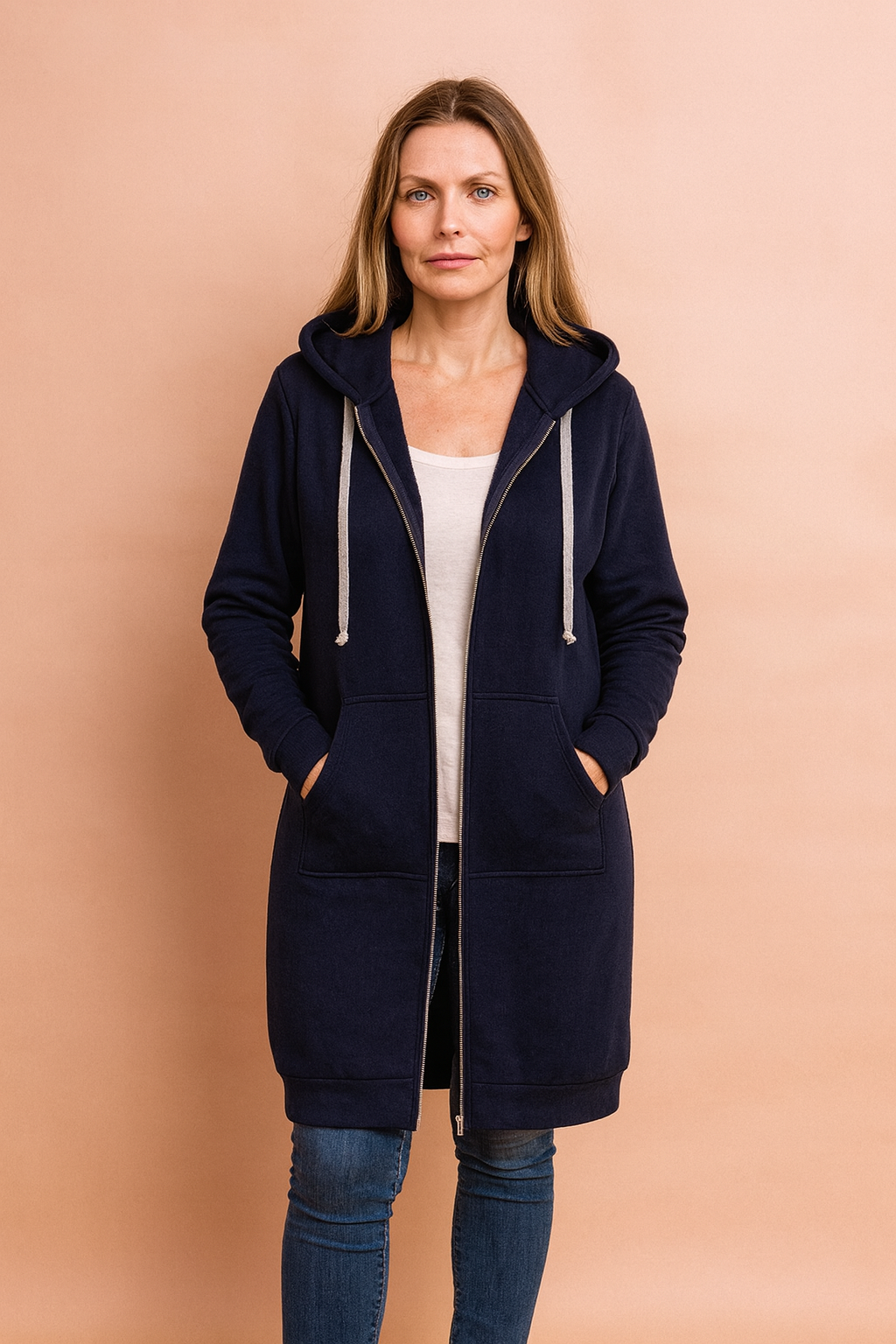 Soft, elegant women's long sweater dress, a cozy knitwear piece for comfortable fall and winter fashion.
