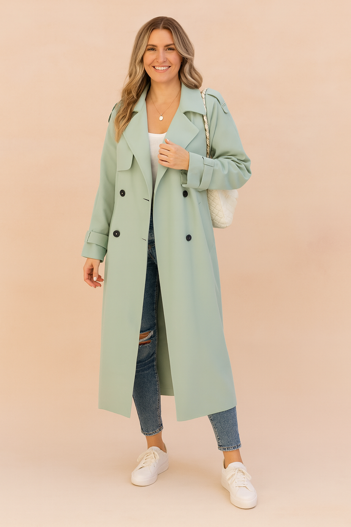 Women's double-breasted long trench coat in a classic design. Chic outerwear, ideal winter jacket for urban style.