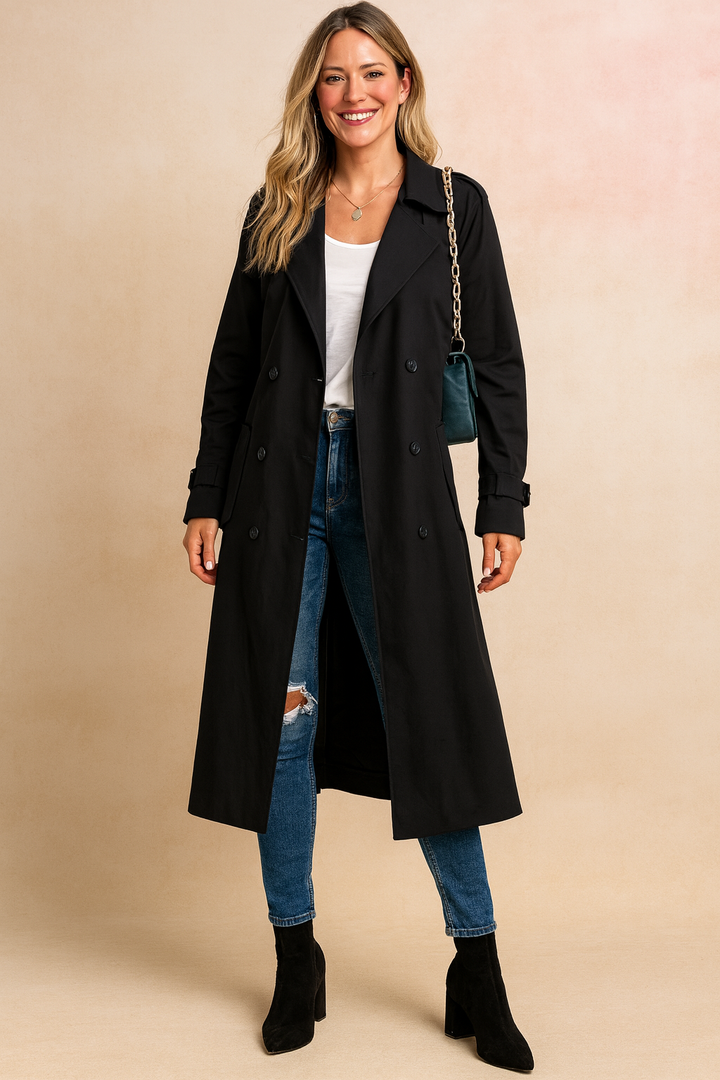 Women's classic long trench coat, double-breasted design. Elegant urban outerwear, a chic and versatile winter jacket.