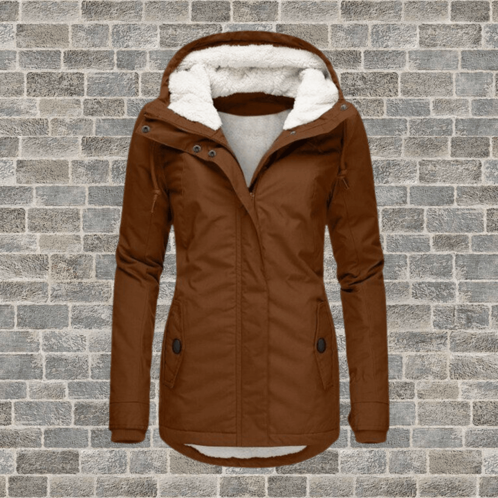 Women's luxurious long winter coat, tailored fit with warm fur lining, ideal for elegant cold weather outerwear.