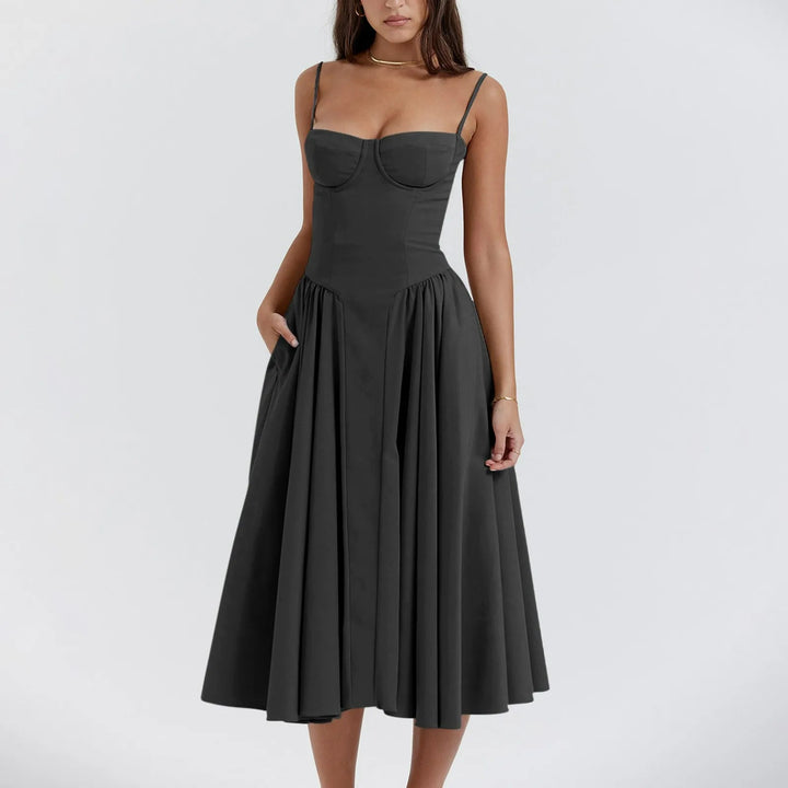 Women's formal midi dress with a fitted corset bodice and a sophisticated pleated skirt, ideal for evening wear.