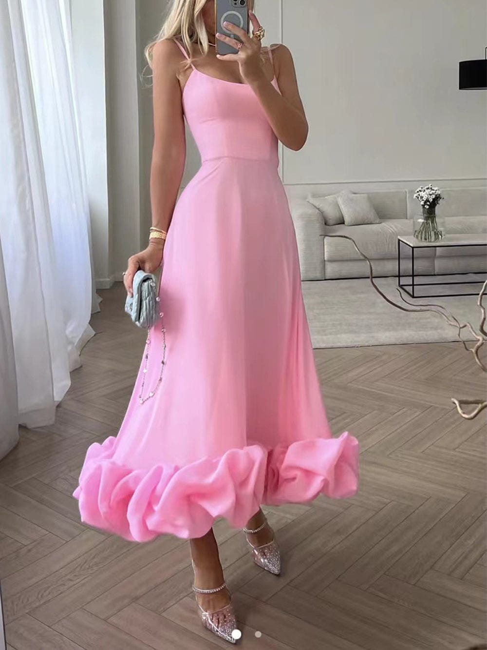 Summer floral midi dress for women, elegant sleeveless design with unique 3D flowers, ideal for occasions.