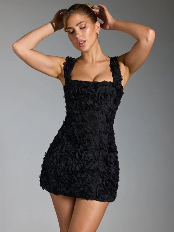 Elegant women's mini dress with intricate 3D floral appliqué, perfect for parties & cocktails. Available in multiple colors.