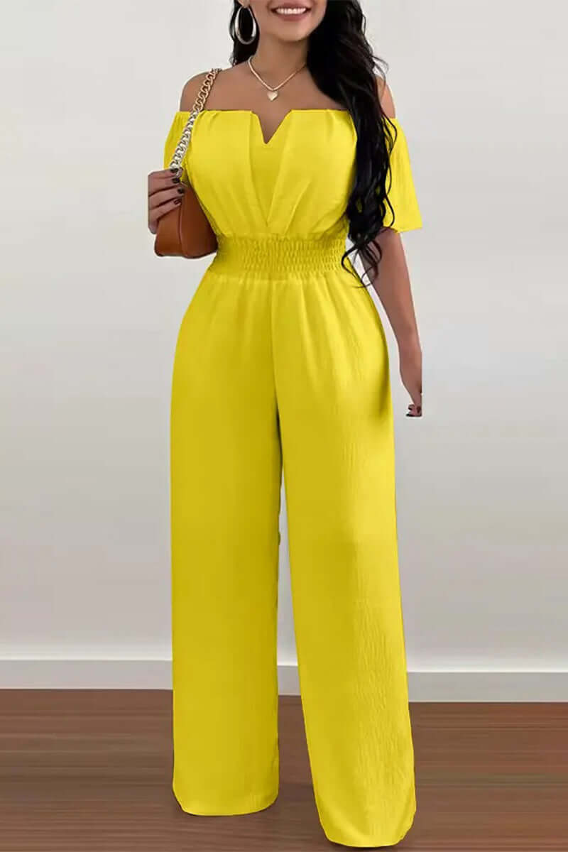 Stylish polyester women's off-shoulder short sleeve jumpsuit. Elegant one-piece for summer fashion, a versatile women's set.