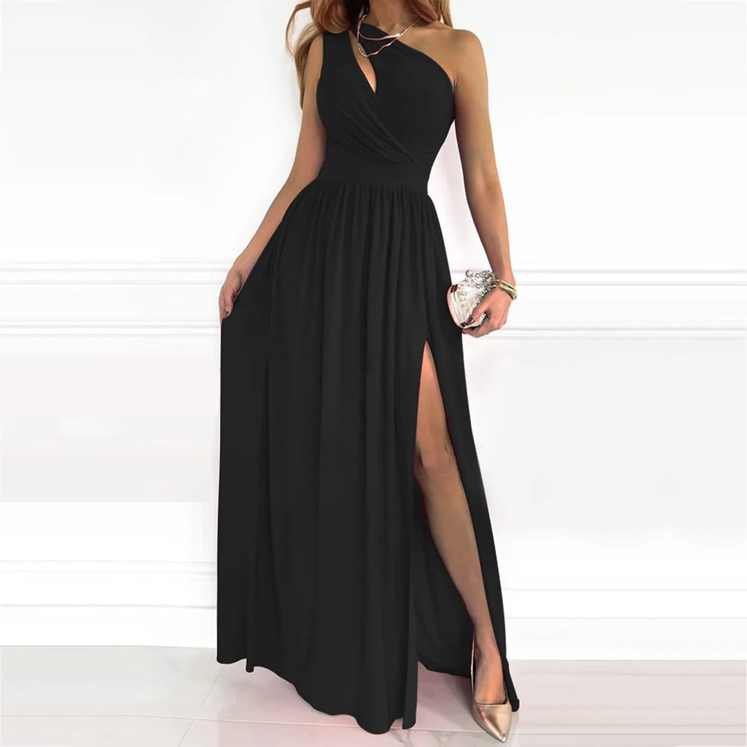 Elegant women's one-shoulder maxi dress with high split, perfect for evening, party, or wedding guest attire.