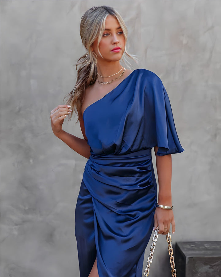 Elegant women's one-shoulder midi dress, perfect for special occasions & formal events.