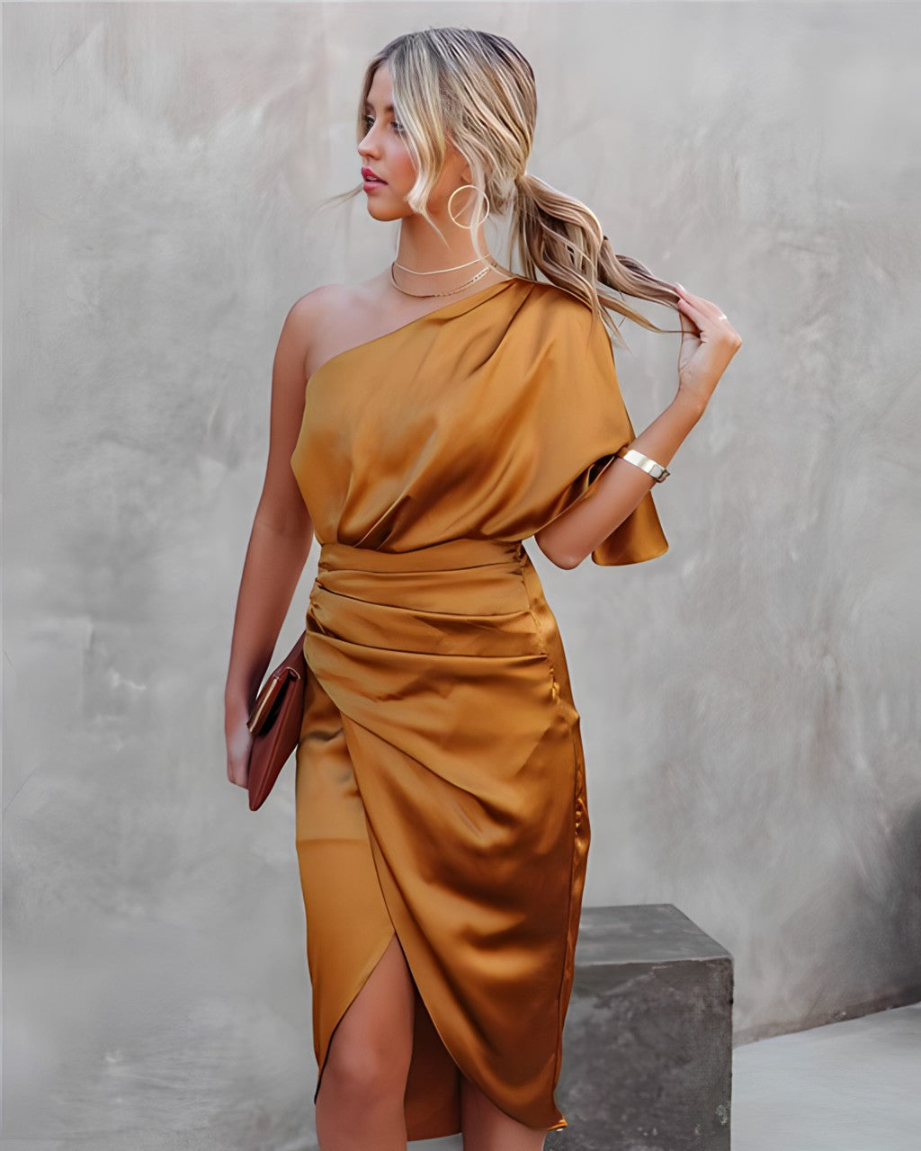 Comfortable & elegant women's one-shoulder midi dress, flattering fit for special occasions.