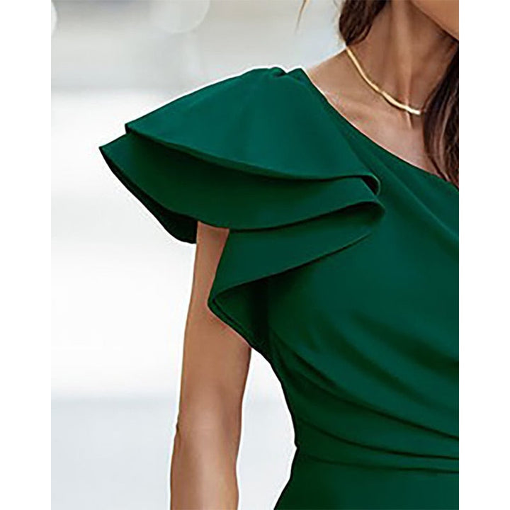 Fashionable women's one-shoulder midi dress offering stylish comfort. An asymmetric design perfect for elegant summer events.