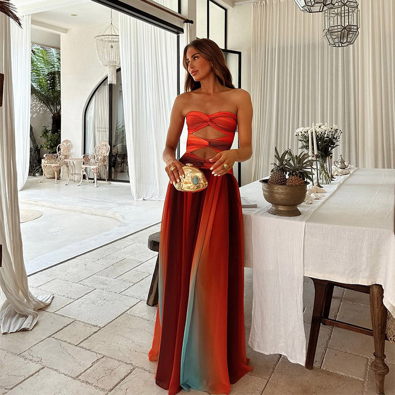 Stunning red strapless maxi dress, ideal women's formal wear. Elegant A-line evening gown for special occasions.
