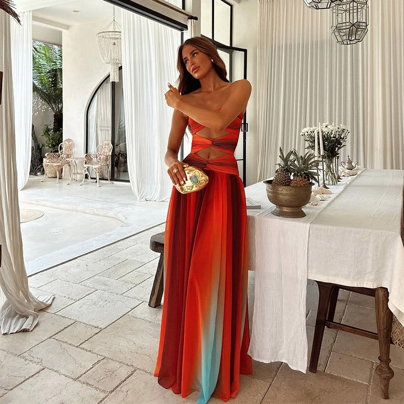 Chic strapless red maxi dress, an elegant women's prom or party dress. Formal evening gown for special events.
