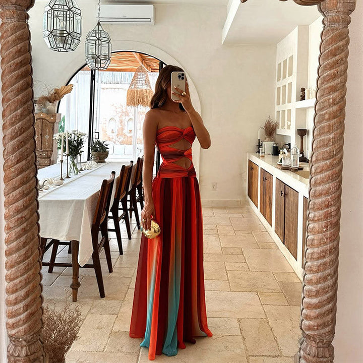 Statement red strapless maxi dress for women. Elegant prom dress or formal evening gown, perfect for parties.
