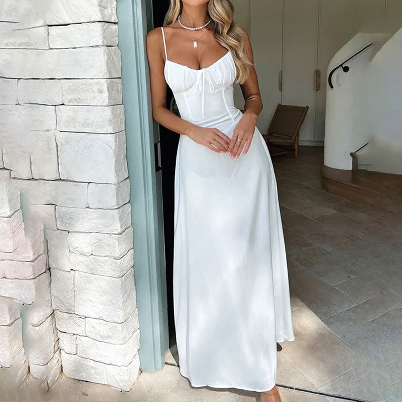 Sleeveless ruched maxi dress for women, an elegant choice for wedding guests and special occasions.