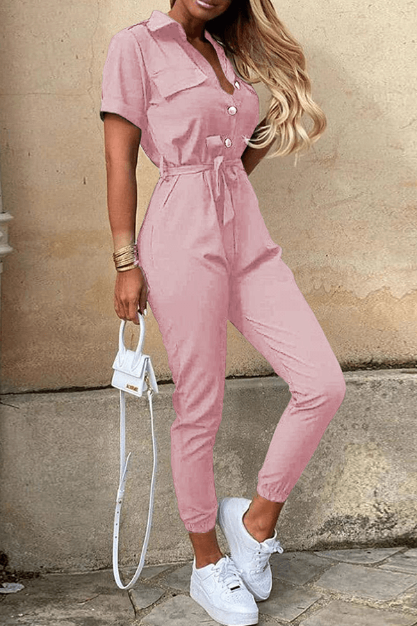 Spring fashion women's shawl collar belted jumpsuit. Elegant & comfortable one-piece outfit.