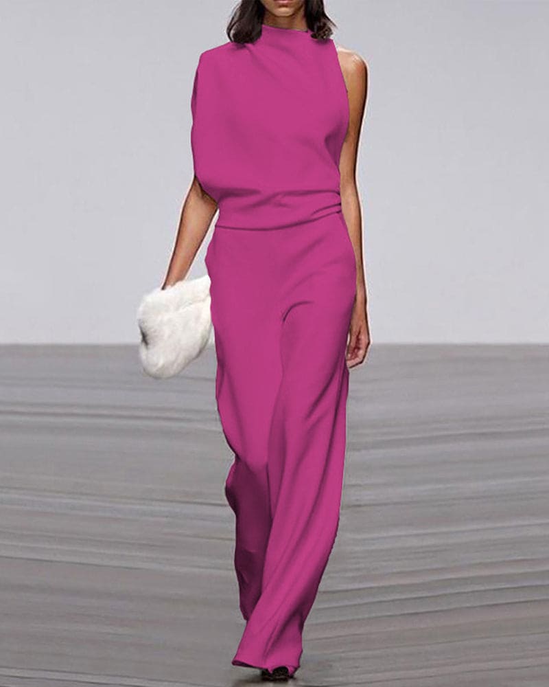 Women's sleeveless wide-leg jumpsuit. Mock neck design provides an elegant and comfortable look.