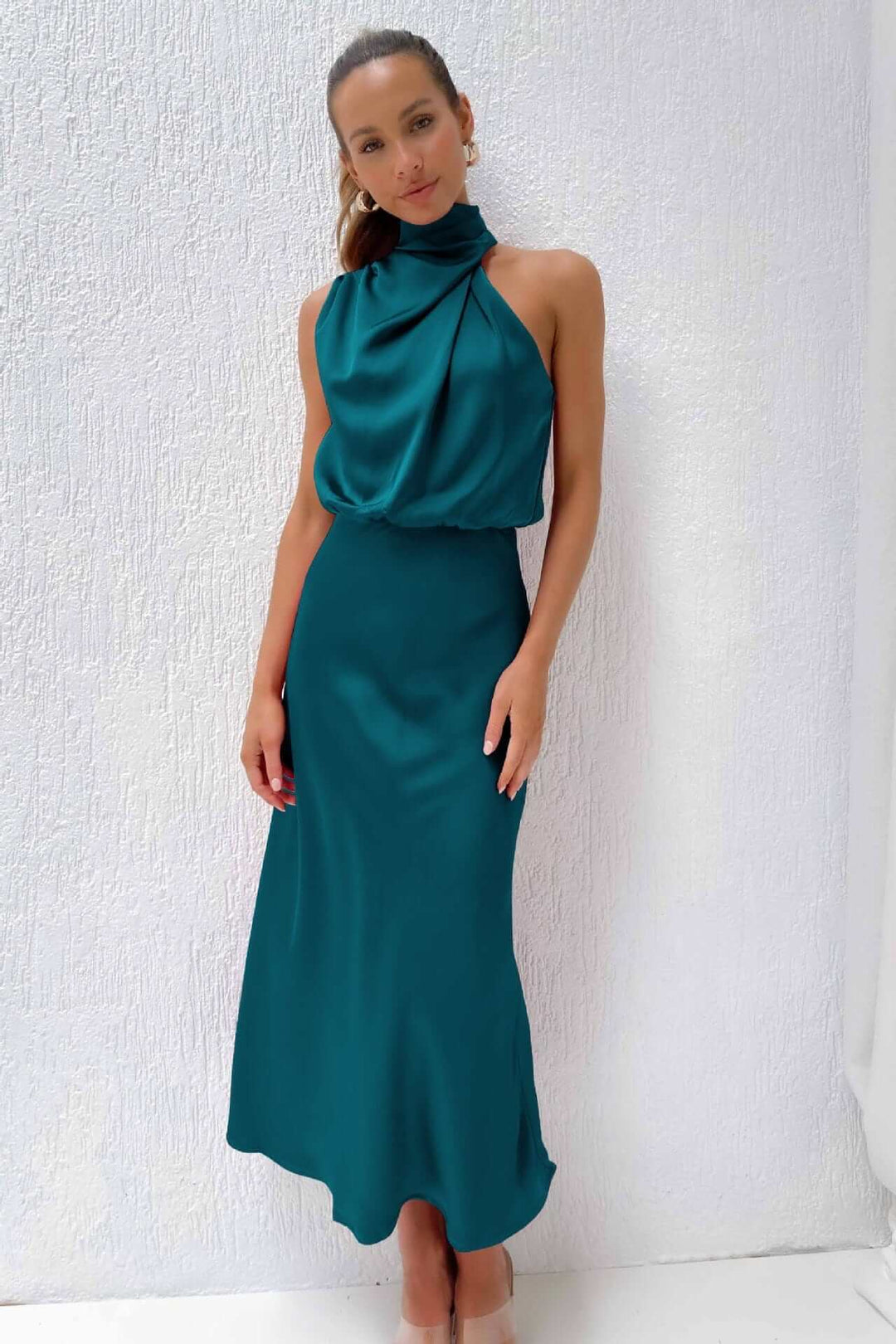 Chic women's slim fit satin formal gown, perfect for evening wear.