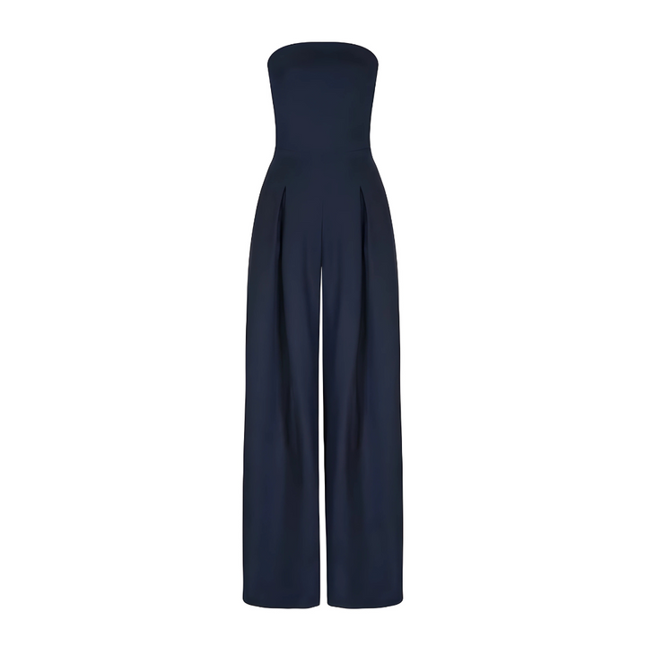 Women's strapless cotton wide-leg jumpsuit, a comfortable and elegant one-piece for casual or dressy occasions.