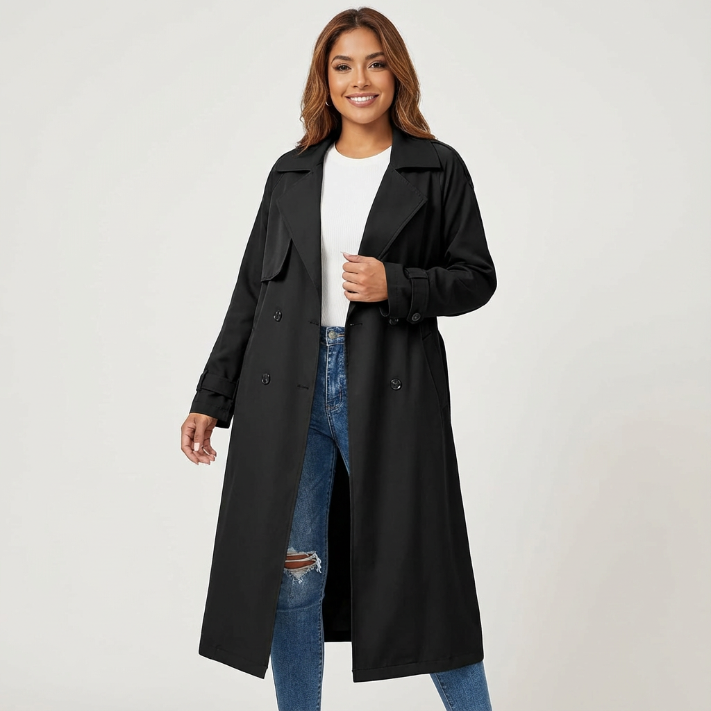 Women's elegant long trench coat, timeless classic fashion. Versatile and sophisticated outerwear for work or leisure.