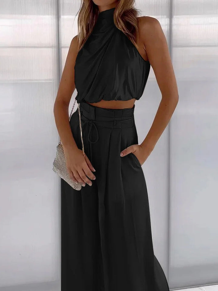 Comfortable women's linen blend two-piece set, versatile for casual or formal summer wear.