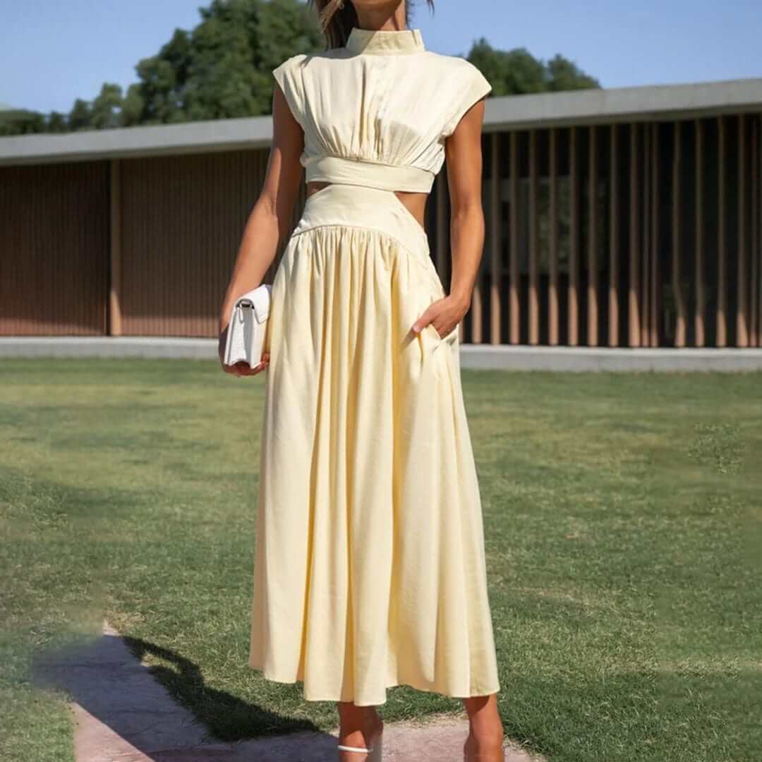Elegant women's unique cut off-shoulder dress in a vibrant color, perfect for special occasions & parties.