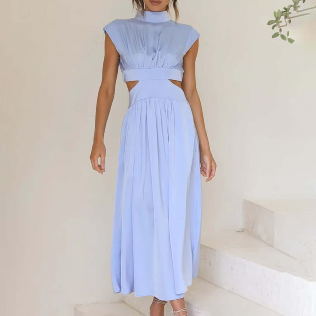 Stylish women's unique cut polyester dress, off-shoulder & vibrant, perfect for elegant summer parties.
