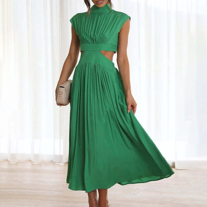Vibrant women's elegant dress with a unique off-shoulder cut, perfect as a flattering & comfortable party dress.