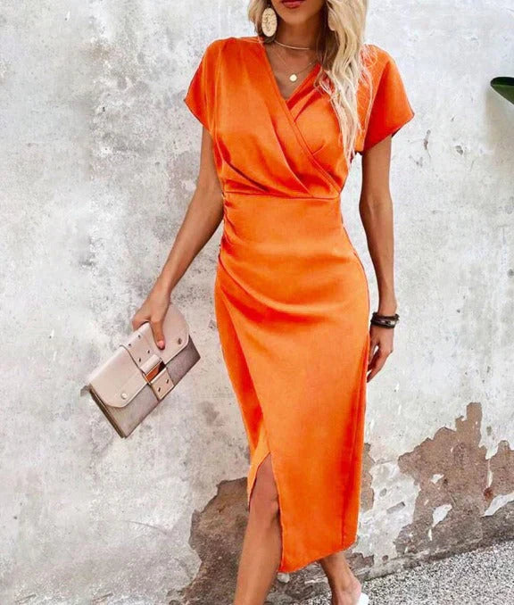 Elegant women's V-neck bodycon midi dress with front slit, perfect for evening parties & formal events.