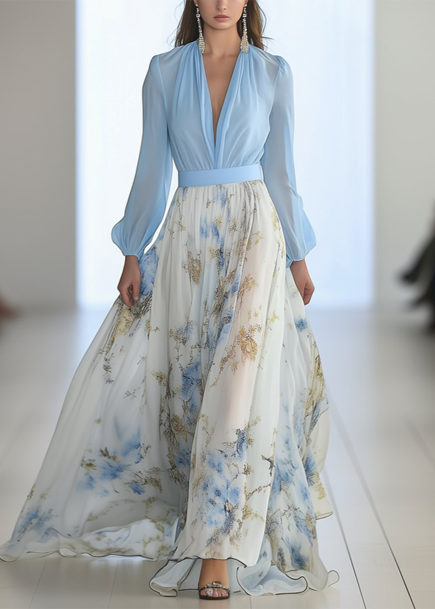 Elegant women's V-neck floral maxi dress with long sleeves, perfect for spring/summer parties. Flowy and stylish.