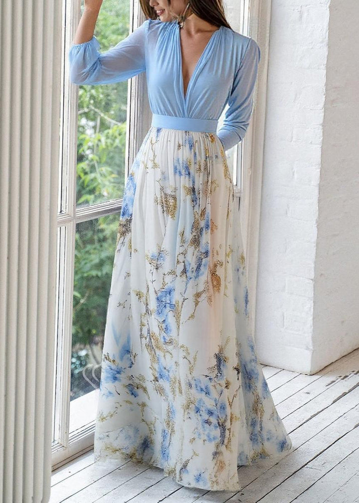 Sophisticated women's A-line V-neck floral maxi dress with long sleeves, suitable for evening events & parties.