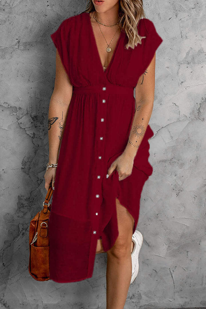 Stylish women's V-neck long sleeve dress, a versatile midi for women seeking comfort and elegance.
