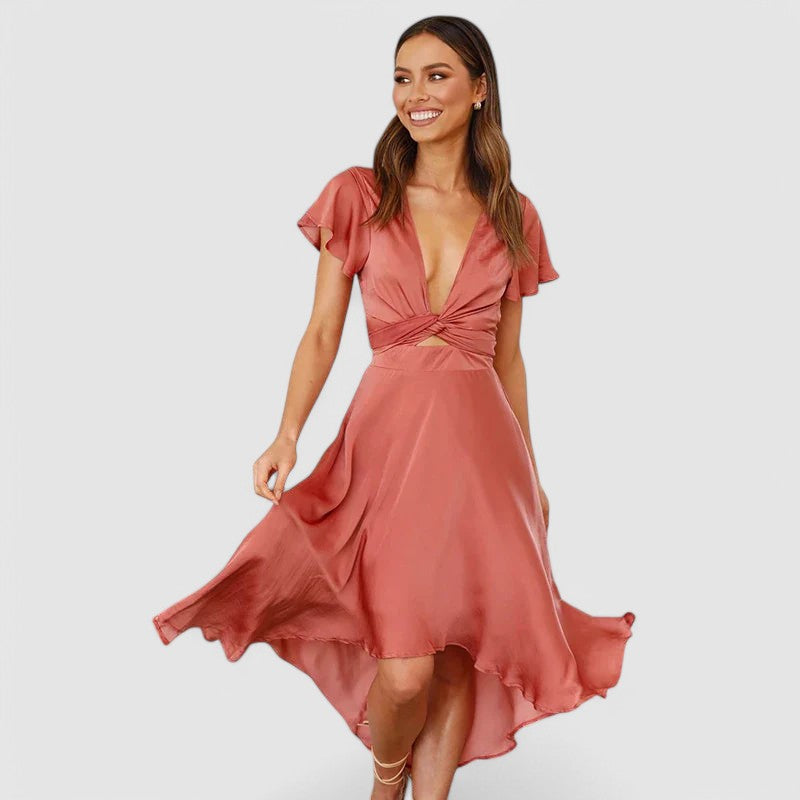 Elegant Women's V-Neck Wrap Midi Formal Dress, perfect for cocktails, parties, or special occasions.