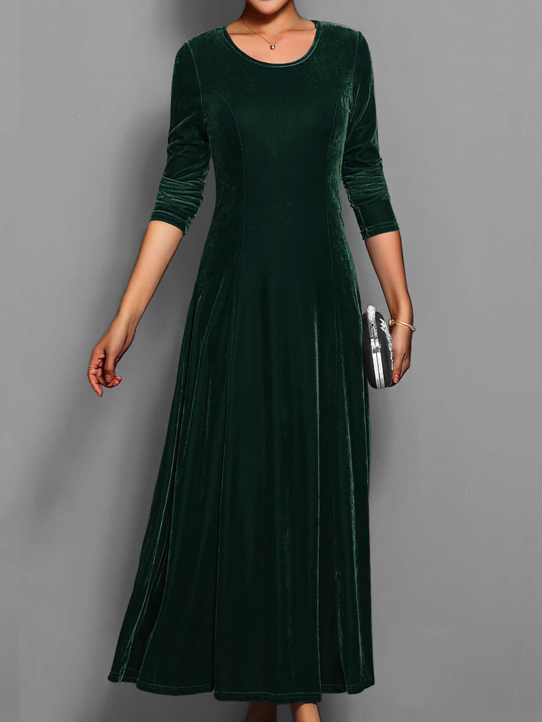 Sophisticated women's long sleeve velvet midi gown, a perfect elegant formal party dress for special occasions.