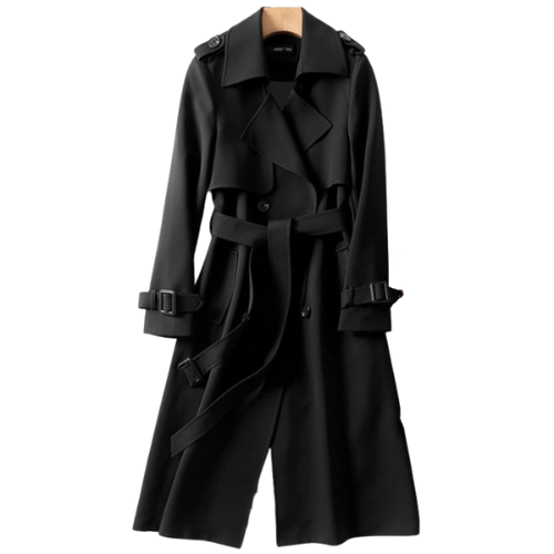 Stylish beige women's fall trench coat, featuring a belted waist and classic lapels for a chic look.