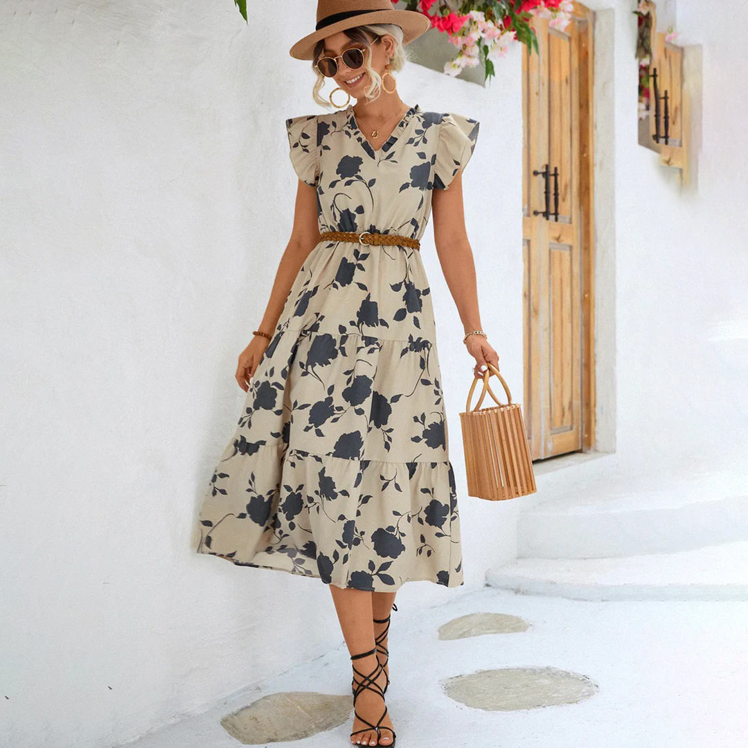 Comfortable women's vintage V-neck midi dress. Elegant summer floral style, perfect for parties & casual outings.