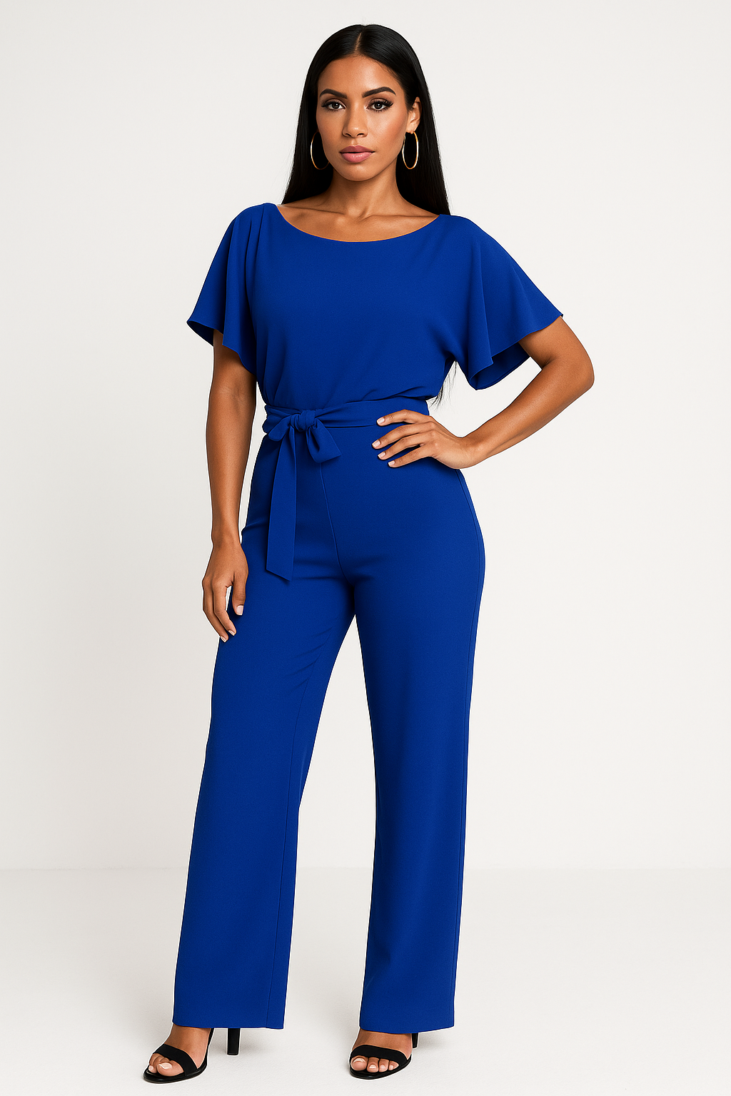 Stylish women's wide-leg jumpsuit, featuring a chic belt for elegant spring/summer office or casual wear.