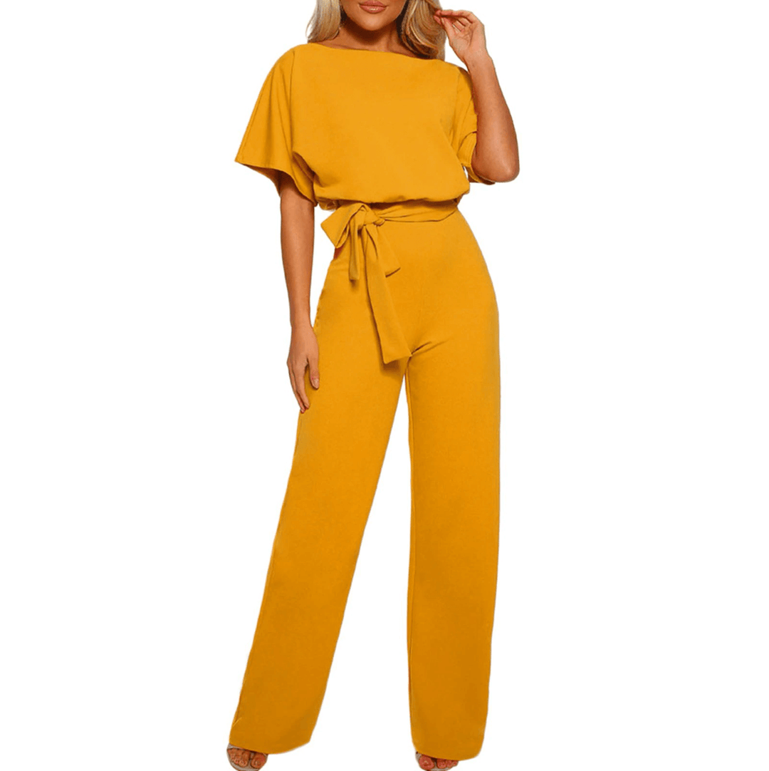 Chic short sleeve wide leg jumpsuit for women, featuring a flattering belted waist for any event.