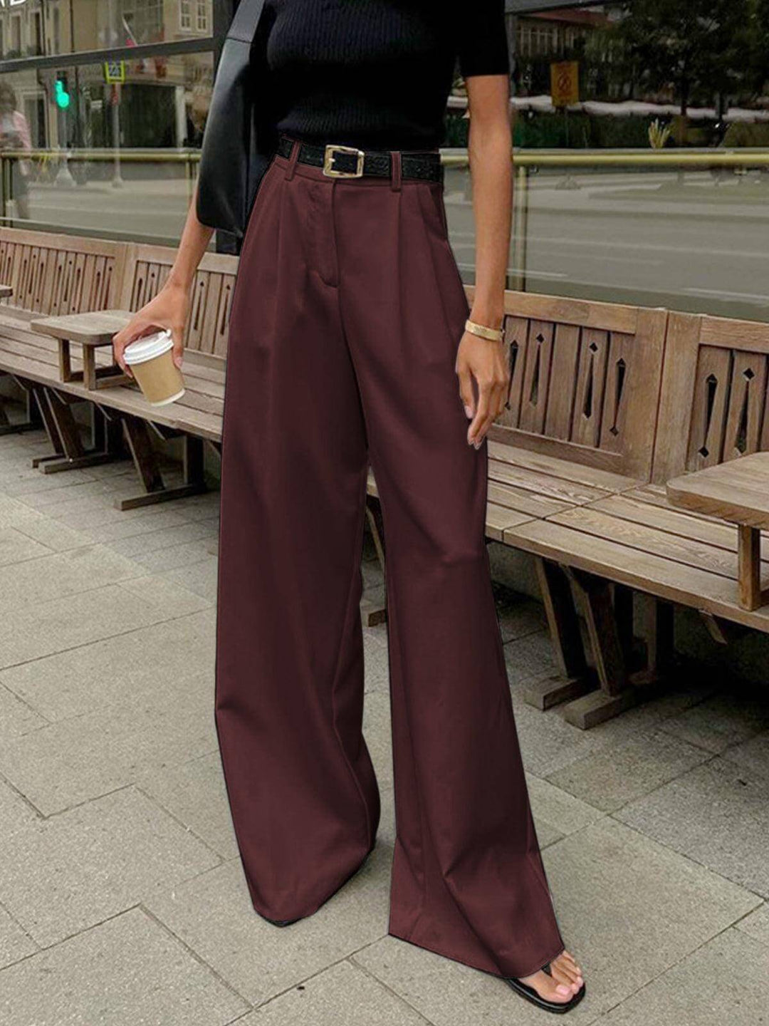Stylish women's pleated wide-leg trousers, high-waisted design for a flattering, elegant look.