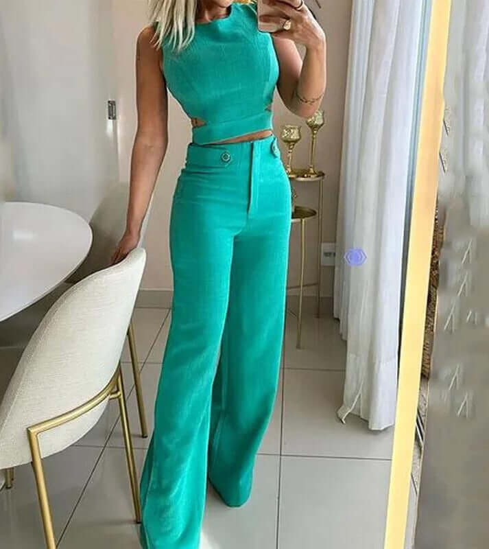 Elegant women's wide leg trouser and round neck top set, perfect for stylish casual wear or comfortable loungewear.