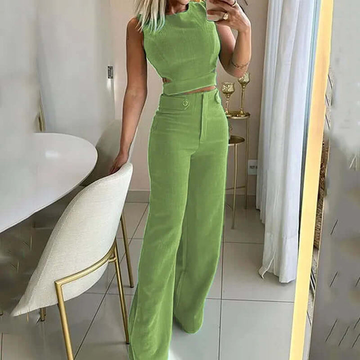 Modern women's comfortable two-piece set: a soft round neck top and stylish wide leg trousers for everyday elegance.