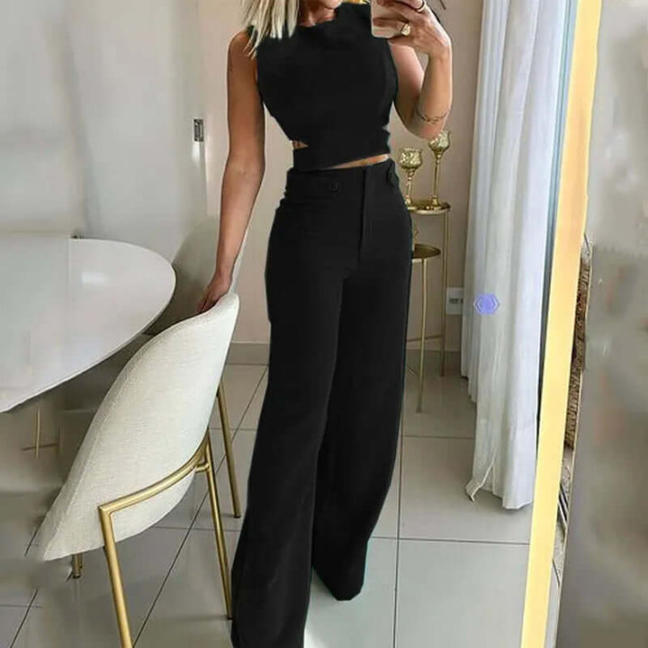Women's elegant wide leg trouser & round neck top matching set. Stylish, comfortable two-piece for casual wear.