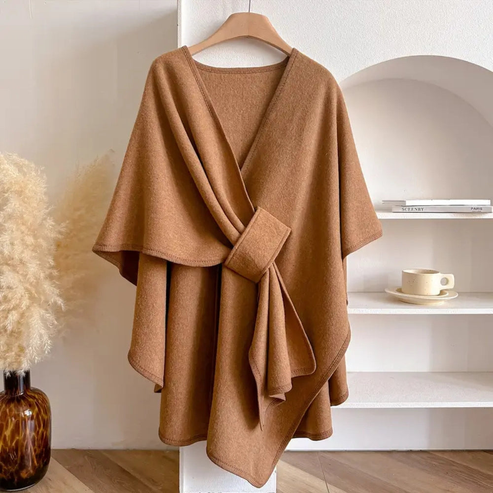 Elegant women's fall/winter outerwear: a stylish windproof poncho shawl coat in cozy microfiber.