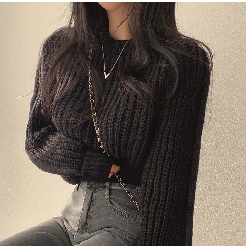 Chic women's long sleeve crewneck sweater. Warm and elegant for winter fashion.