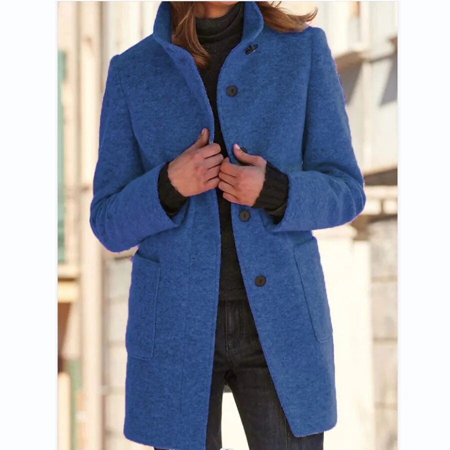 Stylish women's buttoned winter overcoat with a sophisticated standing collar, perfect for elegant cold-weather fashion.