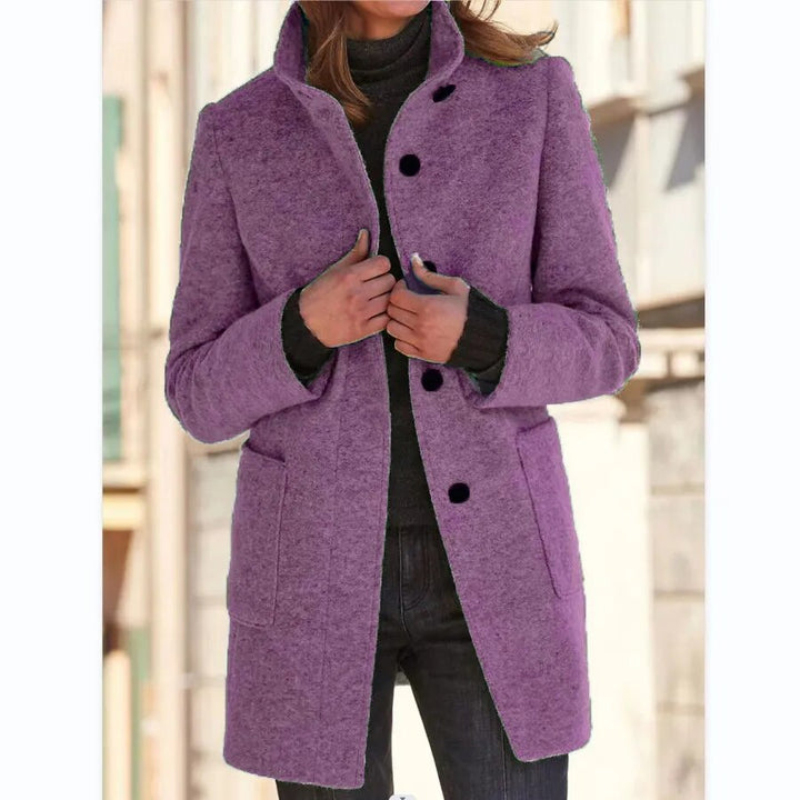 Classic women's elegant winter overcoat, tailored fit, button closure, standing collar, perfect for sophisticated cold-weather fashion.