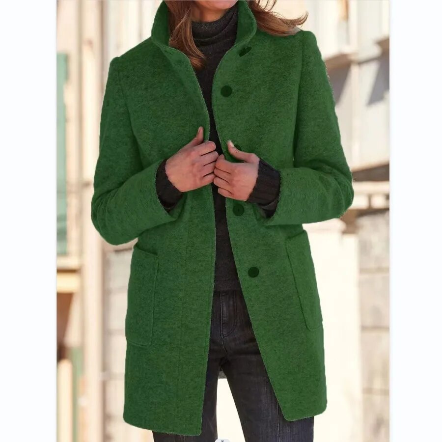 Fashionable women's winter overcoat, elegant button-up style, standing collar, classic outerwear for cold weather.