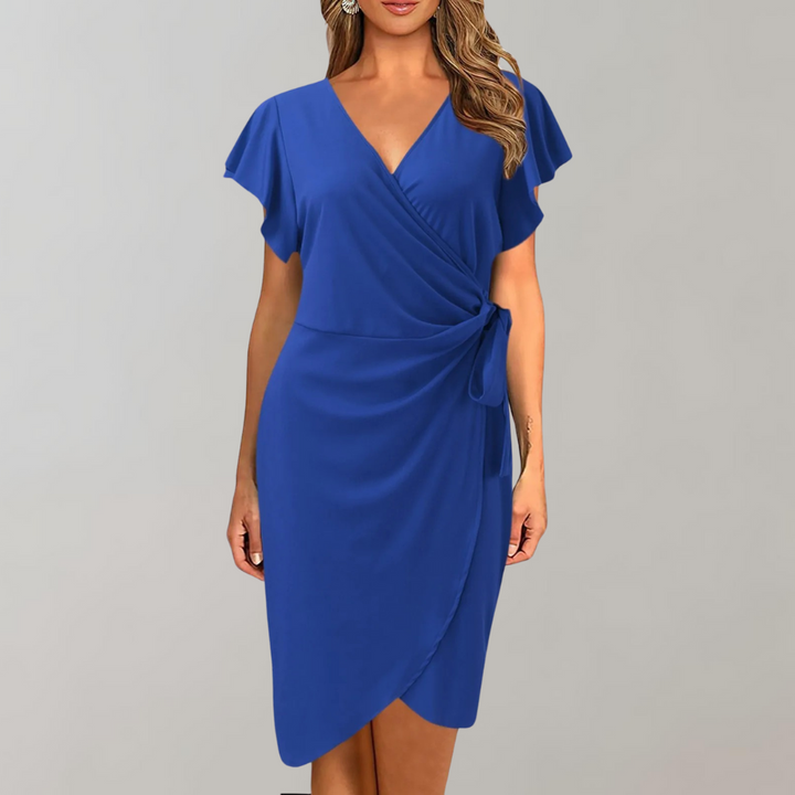 Professional women's wrap midi dress, versatile for office wear & day-to-night events. Elegant V-neck design.