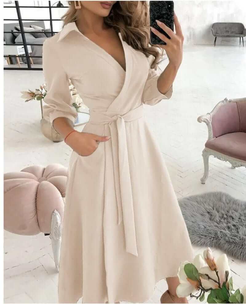 Stunning formal midi wrap dress for women, excellent for evening parties, weddings, or special occasions.
