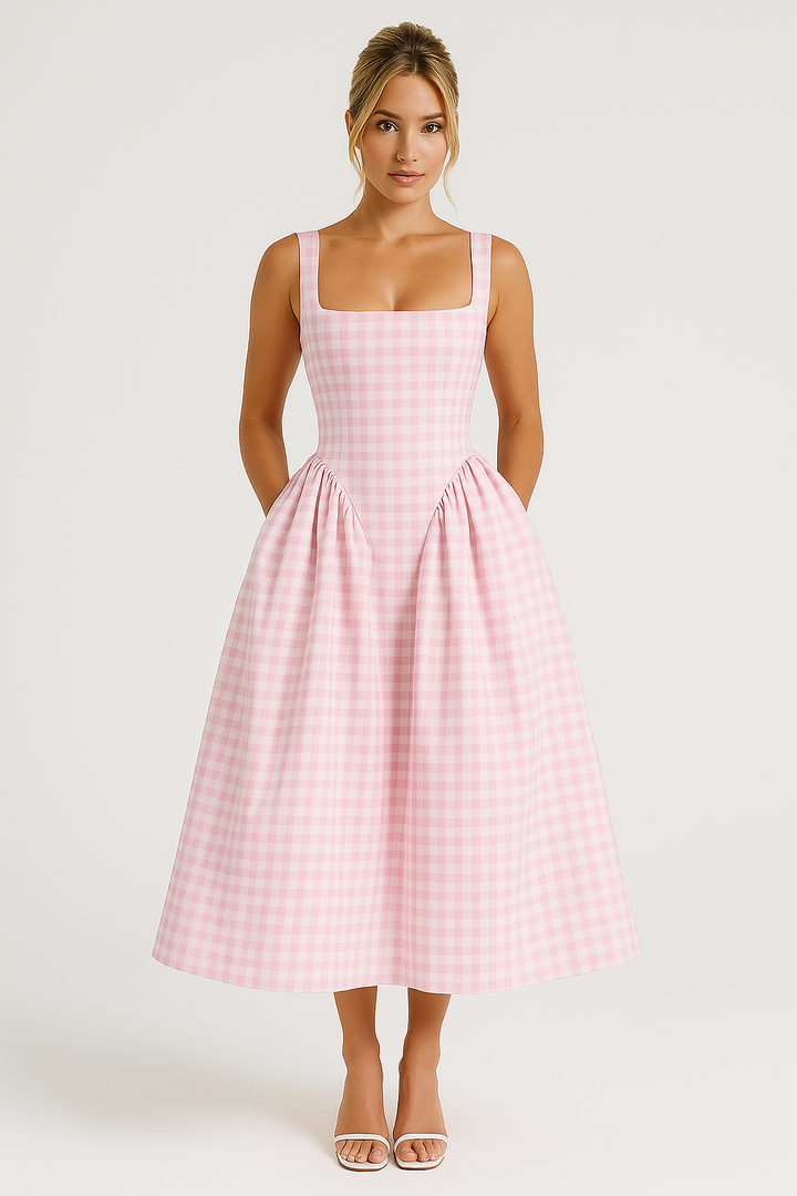 Elegant women's checkered midi dress with square neck and princess silhouette, highlighting classic charm and flattering fit.