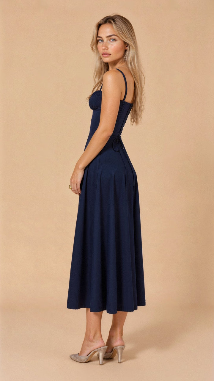 "Elegant women's corset-style waist dress with romantic sweetheart neckline and bow accent, perfect for warm-weather outings.