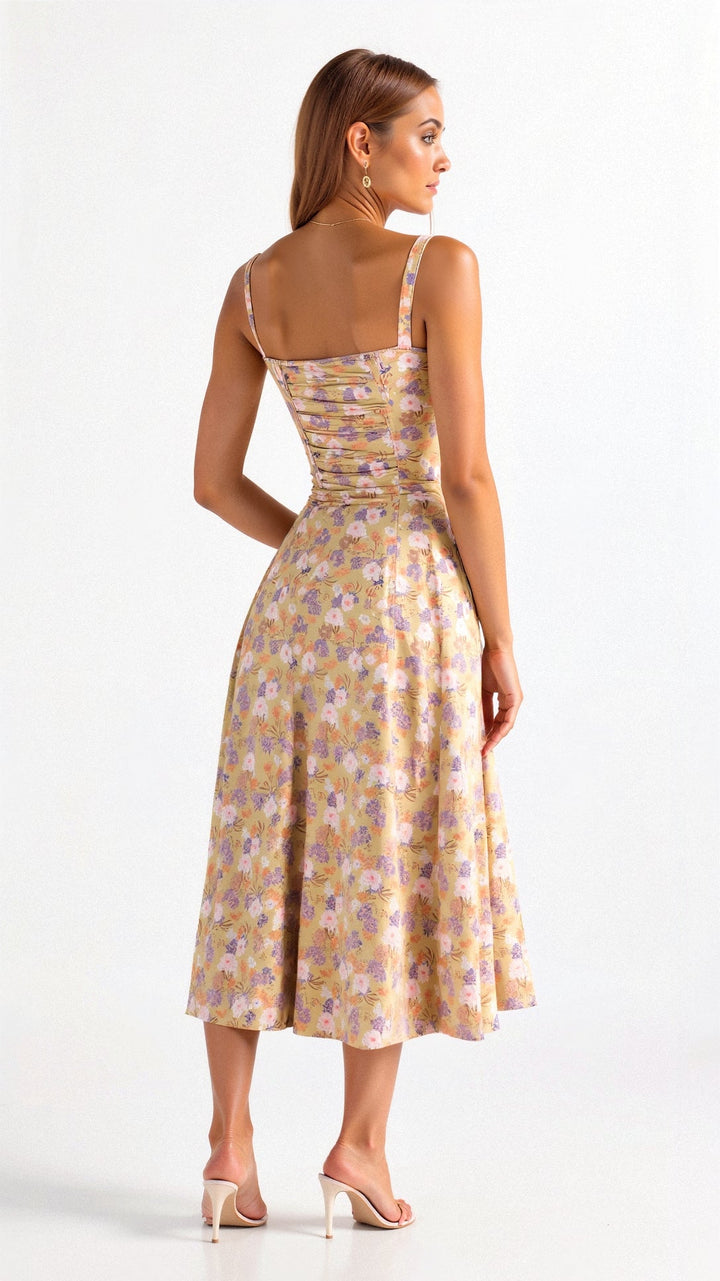"Elegant women's corset-style waist dress with romantic sweetheart neckline and bow accent, perfect for warm-weather outings.