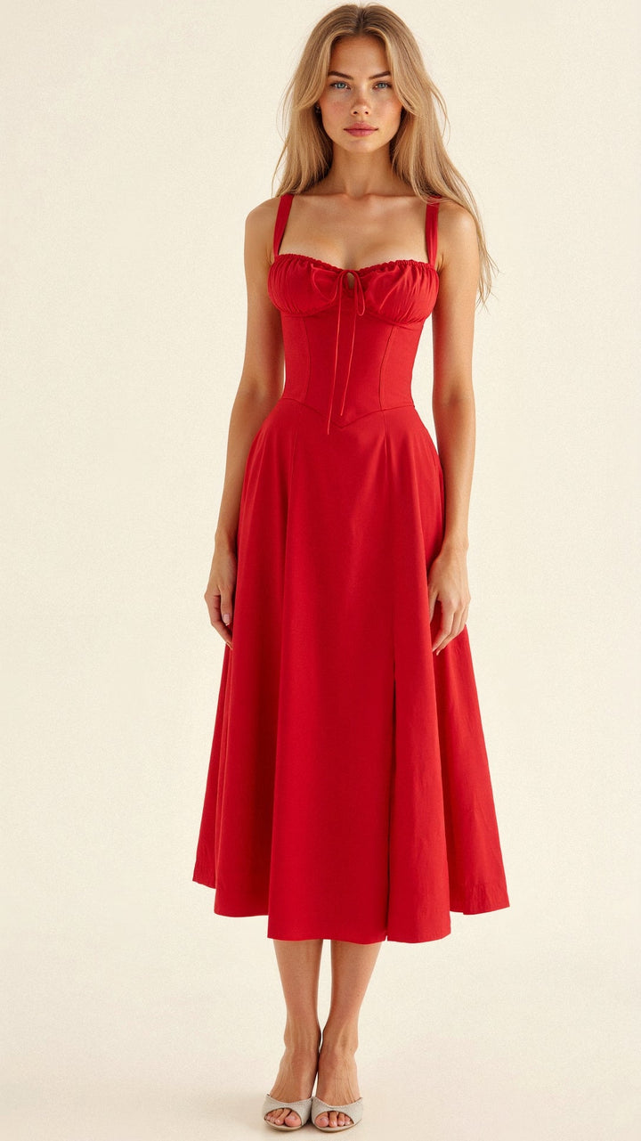 "Elegant women's corset-style waist dress with romantic sweetheart neckline and bow accent, perfect for warm-weather outings.